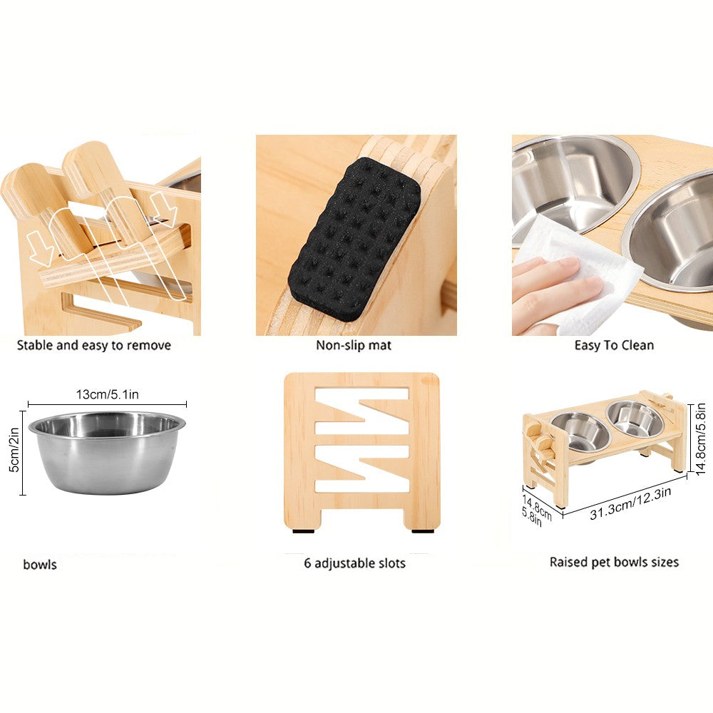 Suporte de tigelas de madeira elevada ajustável para cães