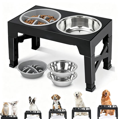 Suporte ajustável com tigelas para alimentação de cães - Aço inox, cães pequenos, médios e grandes