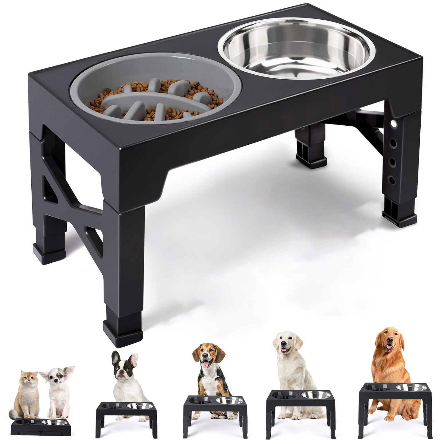 Suporte ajustável com tigelas para alimentação de cães - Aço inox, cães pequenos, médios e grandes