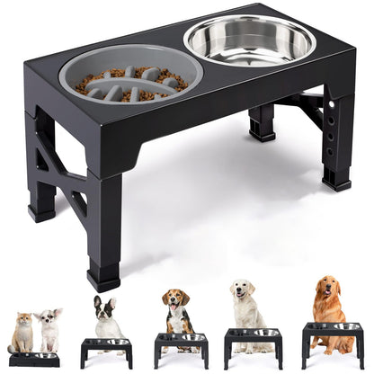 Suporte ajustável com tigelas para alimentação de cães - Aço inox, cães pequenos, médios e grandes